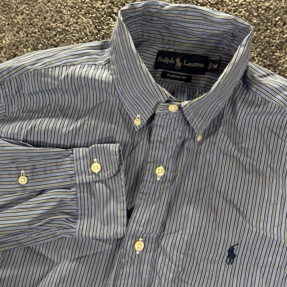 Ralph Lauren Button Down Up‎ Shirt Men's M Blue Vertical Stripes Casual Office